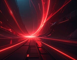 Futuristic sci-fi scene of red streaks moving through a dark, metallic tunnel