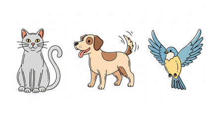 Cartoon pet animals vector illustration: cute cat, happy dog, and flying bird drawing for kids design art