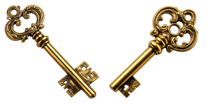 Two ornate antique gold key. vintage old skeleton key pair isolated representing mystery, success and security with decorative details