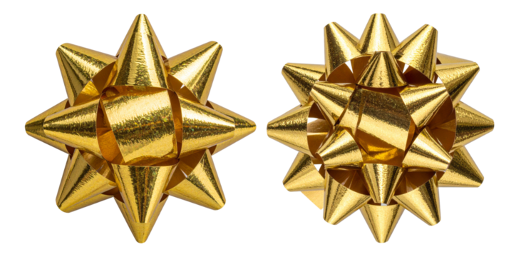 Joyful gold star gift bow ribbon decoration for festive holiday celebration. Shiny present topper, isolated on clean background
