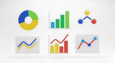 Collection of diverse 3d colorful data charts and graphs icons
