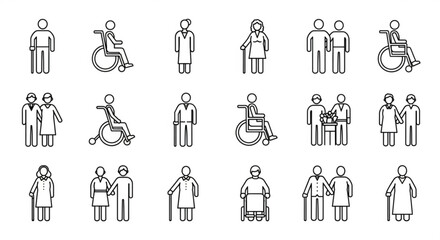 Illustration of community support and care for elderly people and those with disabilities icons set