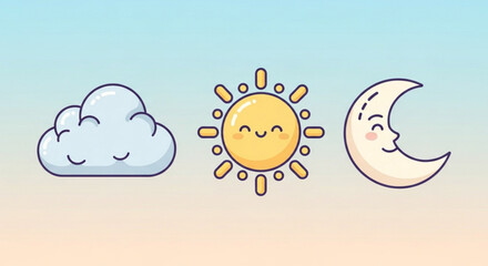Cute weather icons cloud sun moon vector illustration for kids children designs and educational resources