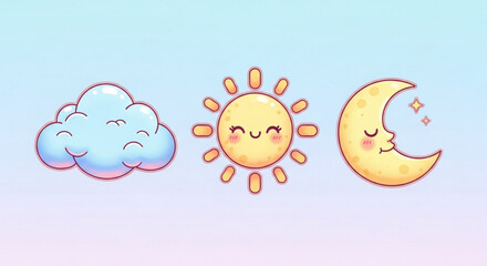 Cute weather icons set cloud sun and moon vector illustration for kids design and decoration project