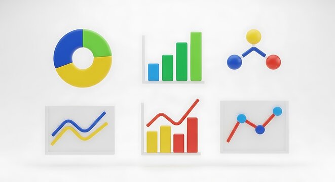 Collection of diverse 3d colorful data charts and graphs icons