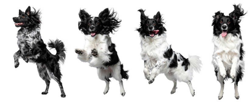 Happy playful Papillon dog jumping and standing in sequence. An adorable isolated pet animal showing collection of energetic cute motion