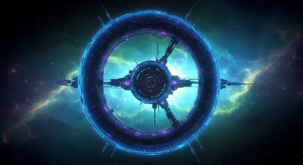 Futuristic space station design against a backdrop of colorful nebulae