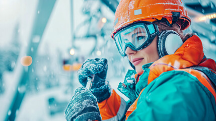 Focused woman in orange hard hat, protective goggles, and ear protection, amidst falling snow in cold outdoor winter environment, holding tool with snow-covered gloves