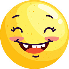 Joyful yellow emoji with rosy cheeks laughing with mouth open and teeth showing against a transparent background with subtle speckles on its surface and cartoonish eyelashes evoking happiness