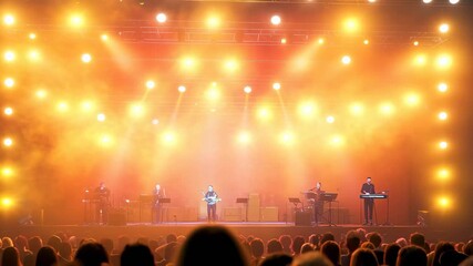 A large audience watches eagerly as performers take the stage in an outdoor concert. Bright stage lights illuminate the scene, creating an electrifying atmosphere during the night.