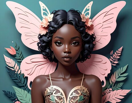 A close-up portrait of a dark-skinned woman with large pink paper butterfly wings and decorative flowers in her hair - Powered by Adobe