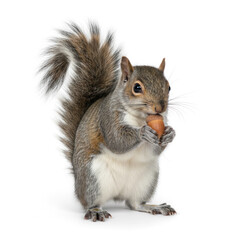 Fototapeta premium Squirrel full body holding an acorn bushy tail up isolated white background