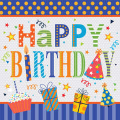 Happy birthday card with colorful lettering, cake and gifts