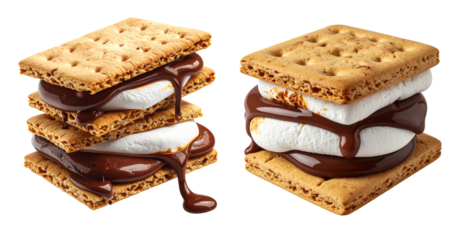 Two delicious smore dessert snacks with melted chocolate and marshmallow on graham crackers. sweet, indulgent isolated food object