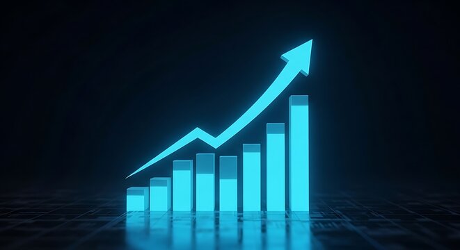 Glowing blue bar graph showing financial growth and market success