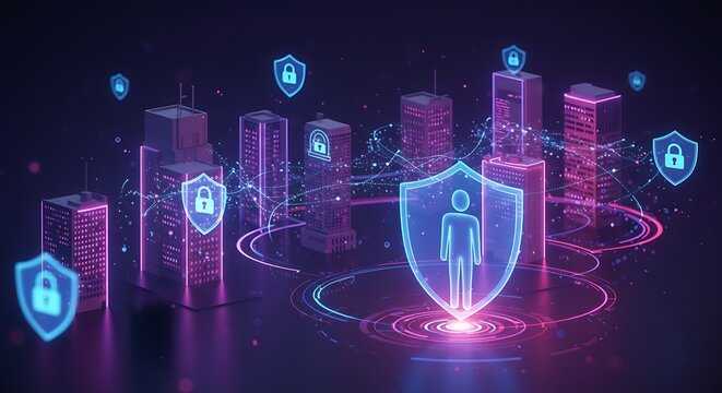 Futuristic cityscape, person-shaped shield, glowing locks, and data visualizations