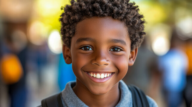 Heartwarming close-up of adorable young Black boy, beaming with wide, innocent smile and bright eyes, wearing backpack, set against softly blurred and colorful background - Powered by Adobe