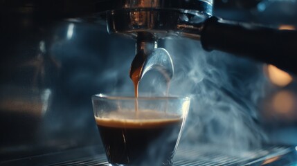Espresso shot being pulled from coffee machine, steam and crema visible, cinematic lighting, high detail, dark cafe background