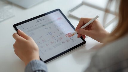 Close-up of a person planning using a digital tablet with a calendar interface, stylus in hand, alongside a paper notebook and keyboard, in a clean, organized workspace under soft natural light.