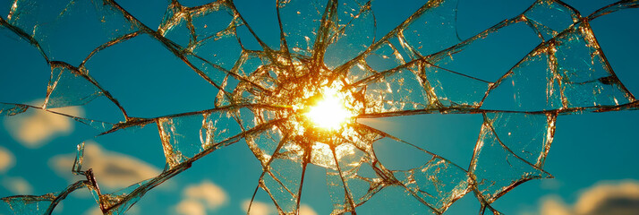 Fototapeta premium Brilliant sunburst through intricate broken glass, revealing clear blue sky and fragmented beauty, symbolizing resilience and new perspectives