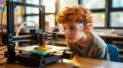 A young boy with curly hair intently watches a 3D printer in a classroom setting, showcasing curiosity and engagement in technology.