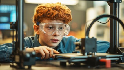 A focused boy with curly red hair and protective goggles works intently on a 3D printer, showcasing curiosity and innovation in technology.