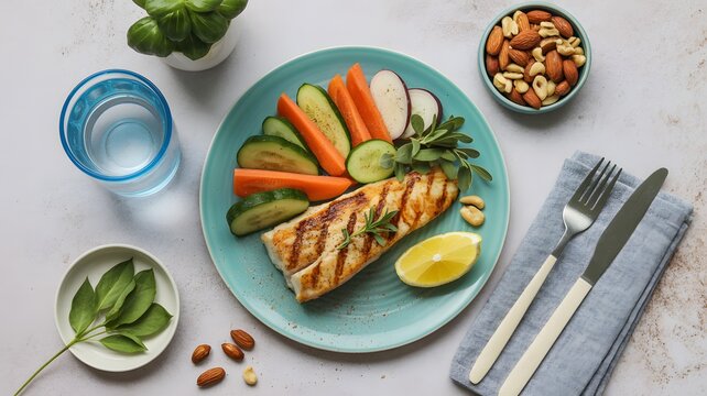 Healthy grilled fish recipe with fresh vegetables and nuts perfect for a balanced diet meal plan