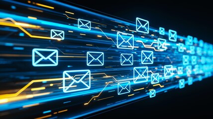 A dynamic image depicting email icons in motion, symbolizing fast digital communication and data transfer.
