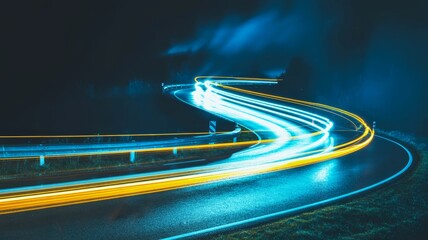 A winding road illuminated by colorful vehicle lights at night, creating a dynamic and vibrant scene.