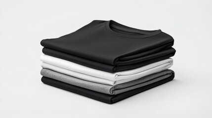 Stacking pile of folded blank black, grey, gray, and white t-shirts with a round neck and a white background cutout. A mockup template for graphic design artwork,
