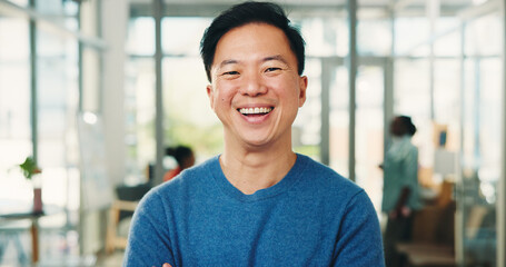 Portrait, advertising and man with smile in creative agency, branding and project management. Professional, about us and happy marketing director with career development, opportunity and promotion