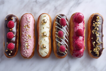 Indulge in these exquisite eclairs for a decadent treat, perfect for dessert menus, baking blogs, and delightful culinary creations with colorful toppings