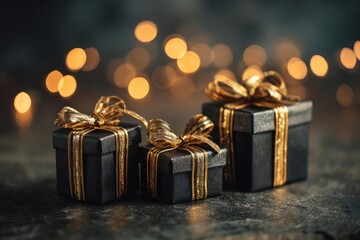 Elegant black gift boxes with shimmering gold ribbons and bows against a bokeh background of warm festive lights