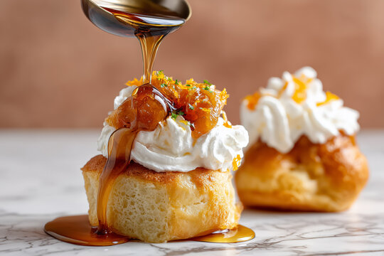 Indulge in this decadent baba au rhum with luscious cream and dripping honey for a truly tempting dessert experience, a modern twist on a classic
