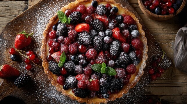 Berry tart dessert decorated with fresh fruits and mint