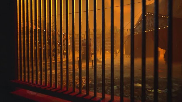 A photorealistic 3D CGI dark and cinematic background scene of a deserted, post-apocalyptic carnival or circus. Features creepy tents and ruins under an orange sky. Ideal for horror, fantasy, and game