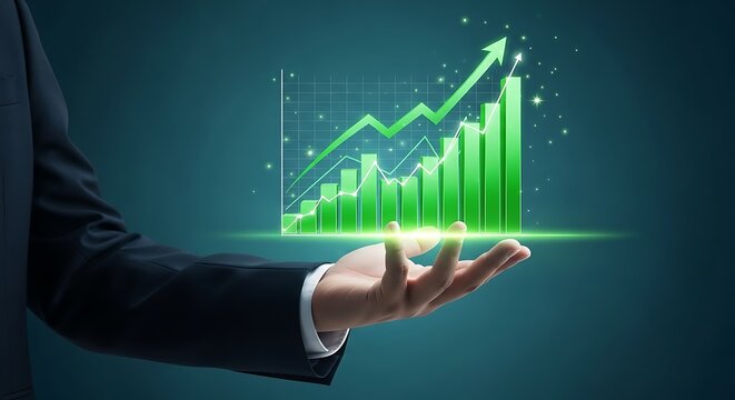Businessman holding a glowing financial growth chart in his hand