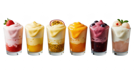 A colorful array of fruit smoothies in glasses, isolated on transparent background each smoothie is topped with a different fruit and has a creamy texture