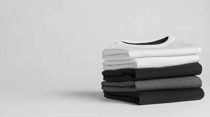 Stacking pile of folded blank black, grey, gray, and white t-shirts with a round neck and a white background cutout. A mockup template for graphic design artwork,
