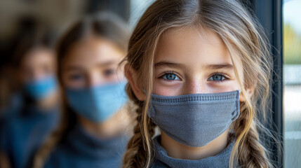 Close-up portrait of young girl with blue eyes wearing grey face mask, with other masked children blurred in background, symbolizing safety and health protocols for kids