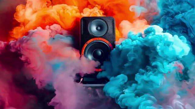 A pair of speakers sitting on top of a colorful smoke filled background