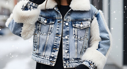 Distressed denim jacket embellished with fluffy white faux fur trim on collar and cuffs during snowfall