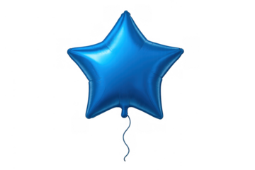 Blue star-shaped foil balloon floating, indicating celebration, party, award, success, or importance with transparent background
