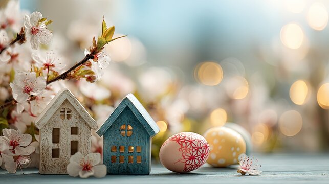 Decorative sweet home and easter eggs on spring floral background with bokeh