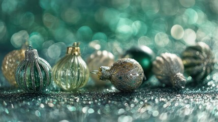 Sparkling and glittering festive christmas ornaments in a row with soft bokeh lights in a cool green color palette