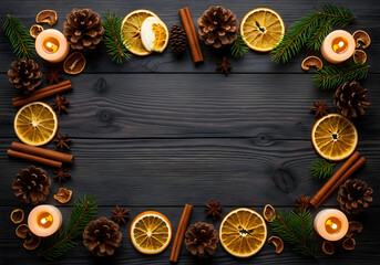 [Generative AI] 크리스마스 오렌지·솔방울·캔들 천연 장식 프레임 배경