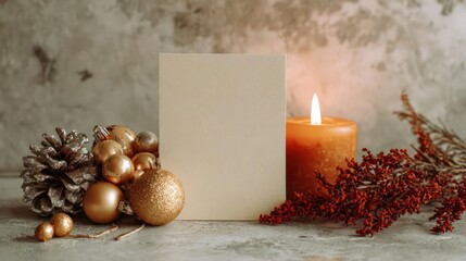 Cozy christmas still life with a blank card lit candle pinecone golden baubles and red berries on a rustic wooden surface