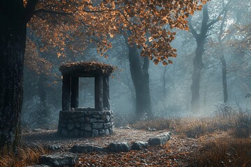 Old wooden building abandoned in the autumn woods under the sky