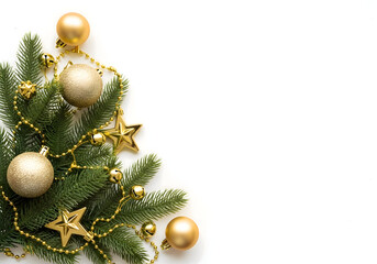 [Generative AI] 골드 크리스마스 오너먼트와 파인 브랜치 코너 장식 배경