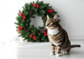[Generative AI] 크리스마스 리스 장식과 함께 있는 태비 고양이